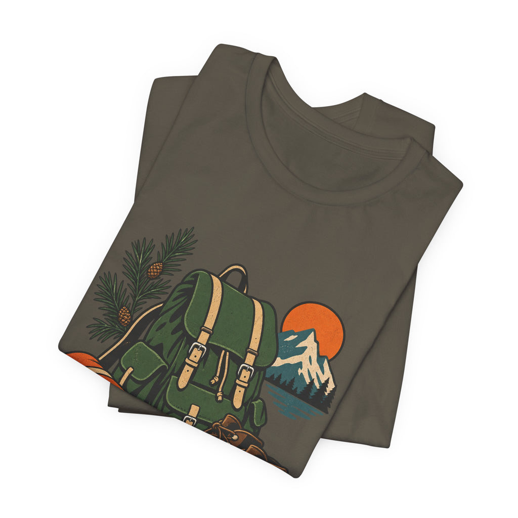 Vintage Hiking Adventure T-Shirt — Backpack, Boots, Compass and Mountain Camping Design