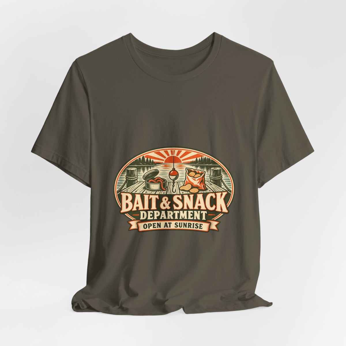 Bait & Snack Department T-Shirt — Open at Sunrise Fishing Dock Vintage Tee