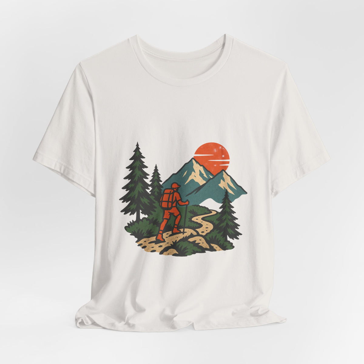 Retro Trail Hiker Mountain Sunset T-Shirt — Vintage Hiking Adventure Tee