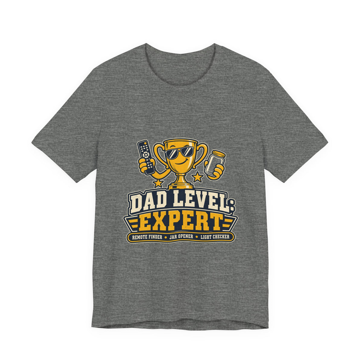 Dad Level Expert T-Shirt — Funny Trophy Dad Gift with Remote Finder, Jar Opener & Light Checker