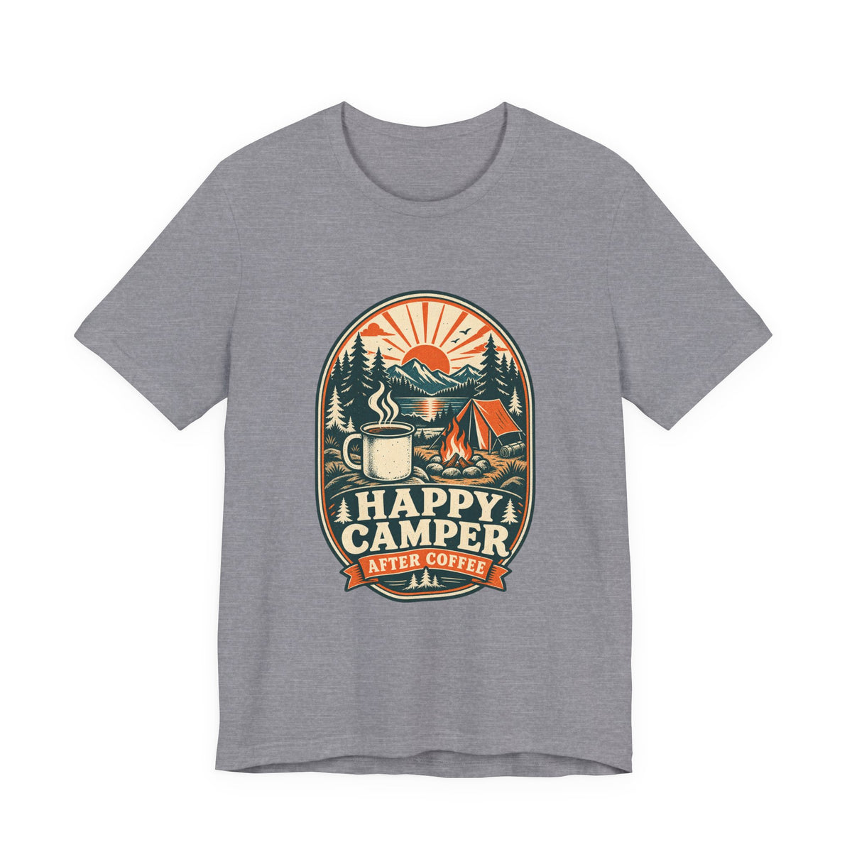 Happy Camper After Coffee T-Shirt — Vintage Camping Mug, Campfire & Mountain Tee