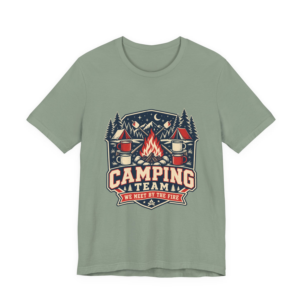 Camping Team T-Shirt — Vintage Campfire Adventure Tee with “We Meet by the Fire”