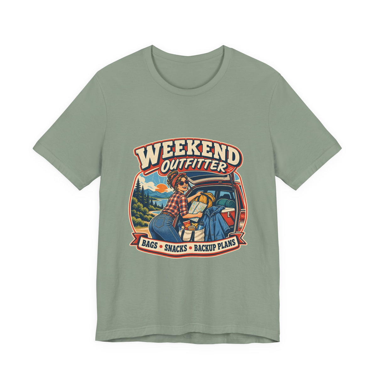 Weekend Outfitter Vintage Adventure T-Shirt — Bags Snacks Backup Plans Retro Road Trip Tee