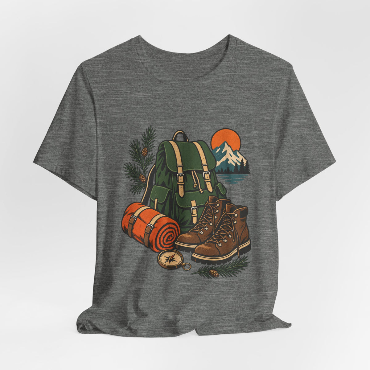 Vintage Hiking Adventure T-Shirt — Backpack, Boots, Compass and Mountain Camping Design