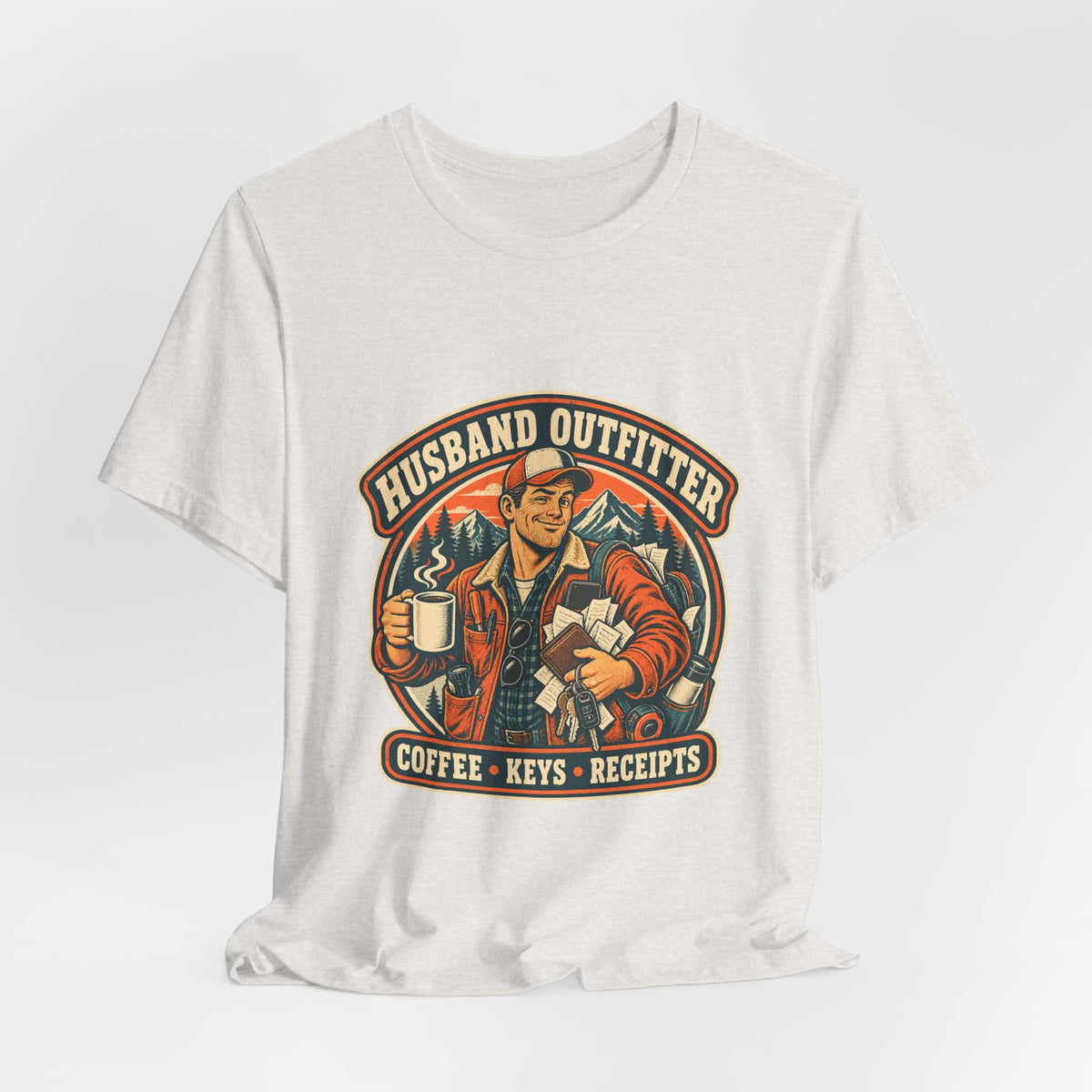Husband Outfitter Coffee Keys Receipts T-Shirt — Retro Multitasker Husband Humor Tee