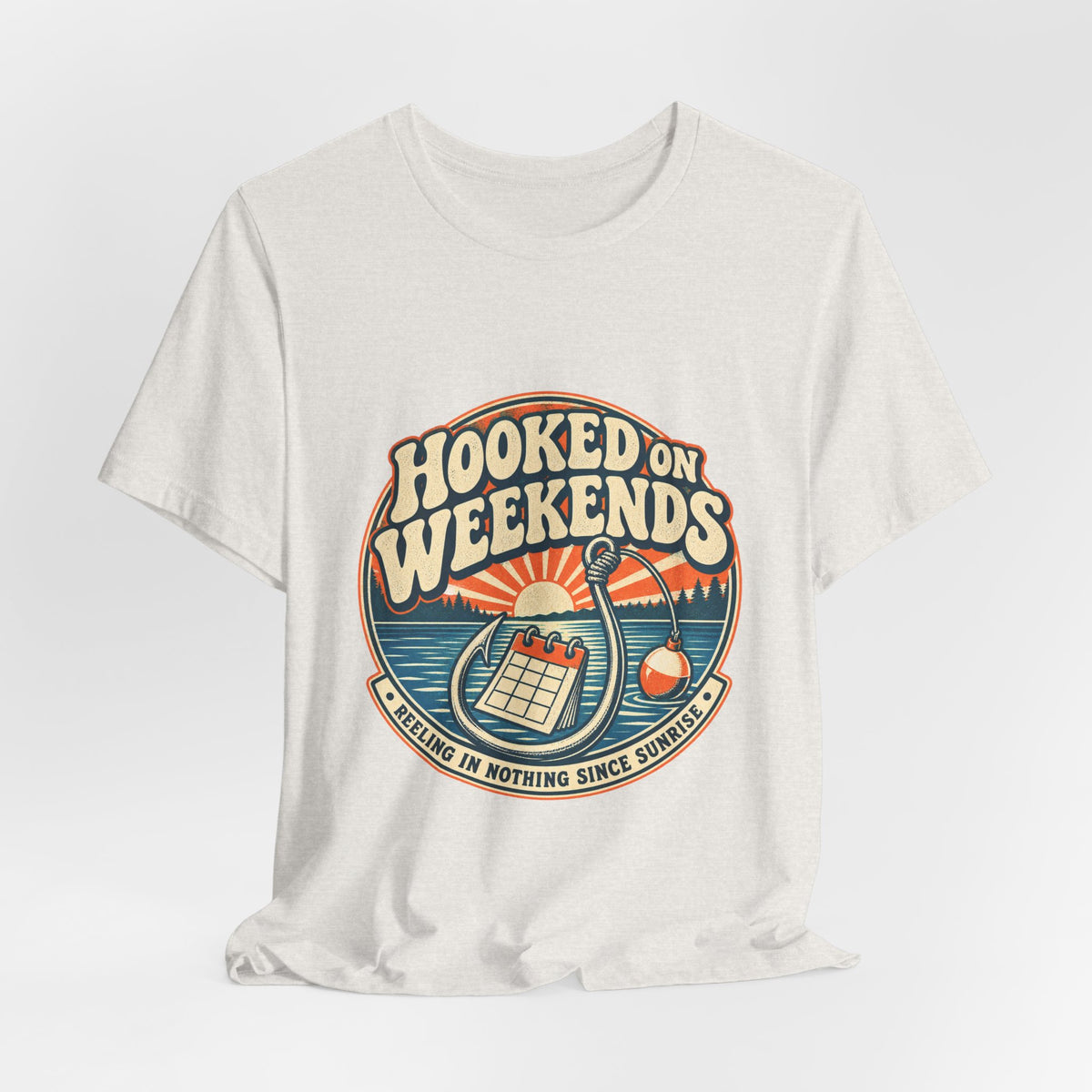 Hooked on Weekends Fishing T-Shirt — Vintage Lake Reel & Sunrise Tee