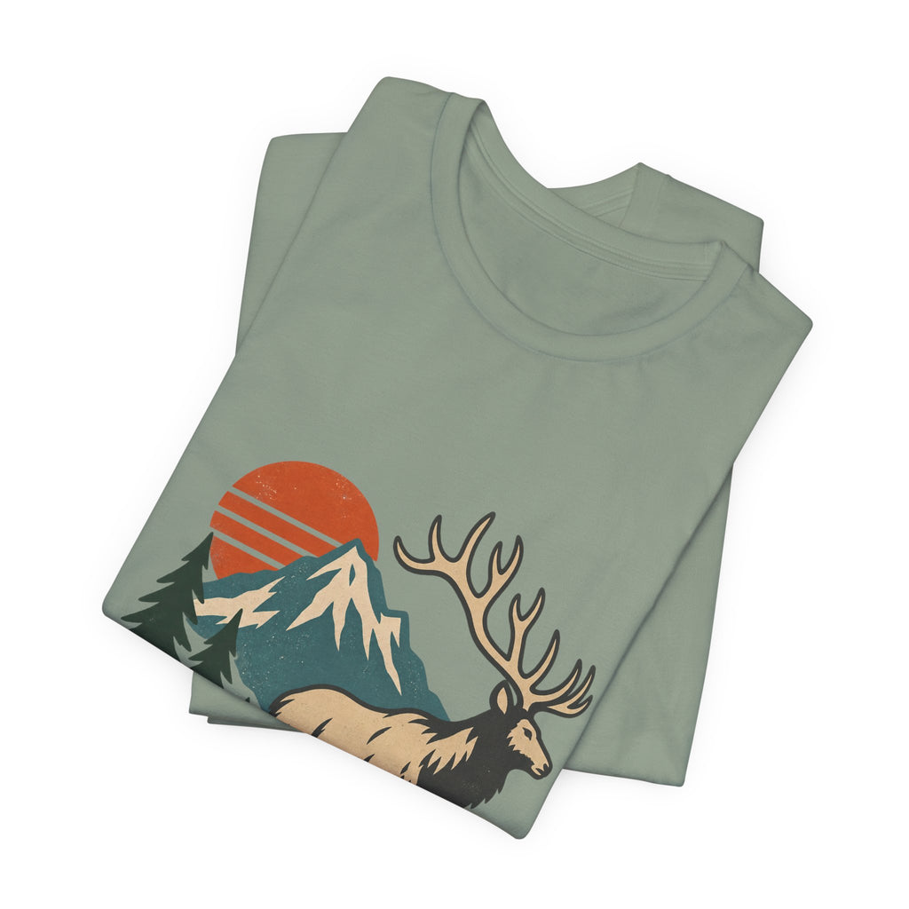 Vintage Elk Mountain T-Shirt, Retro Wilderness Deer and Pine Forest Graphic Tee