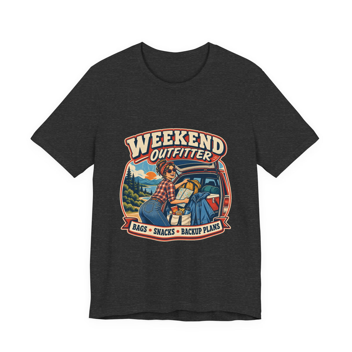 Weekend Outfitter Vintage Adventure T-Shirt — Bags Snacks Backup Plans Retro Road Trip Tee