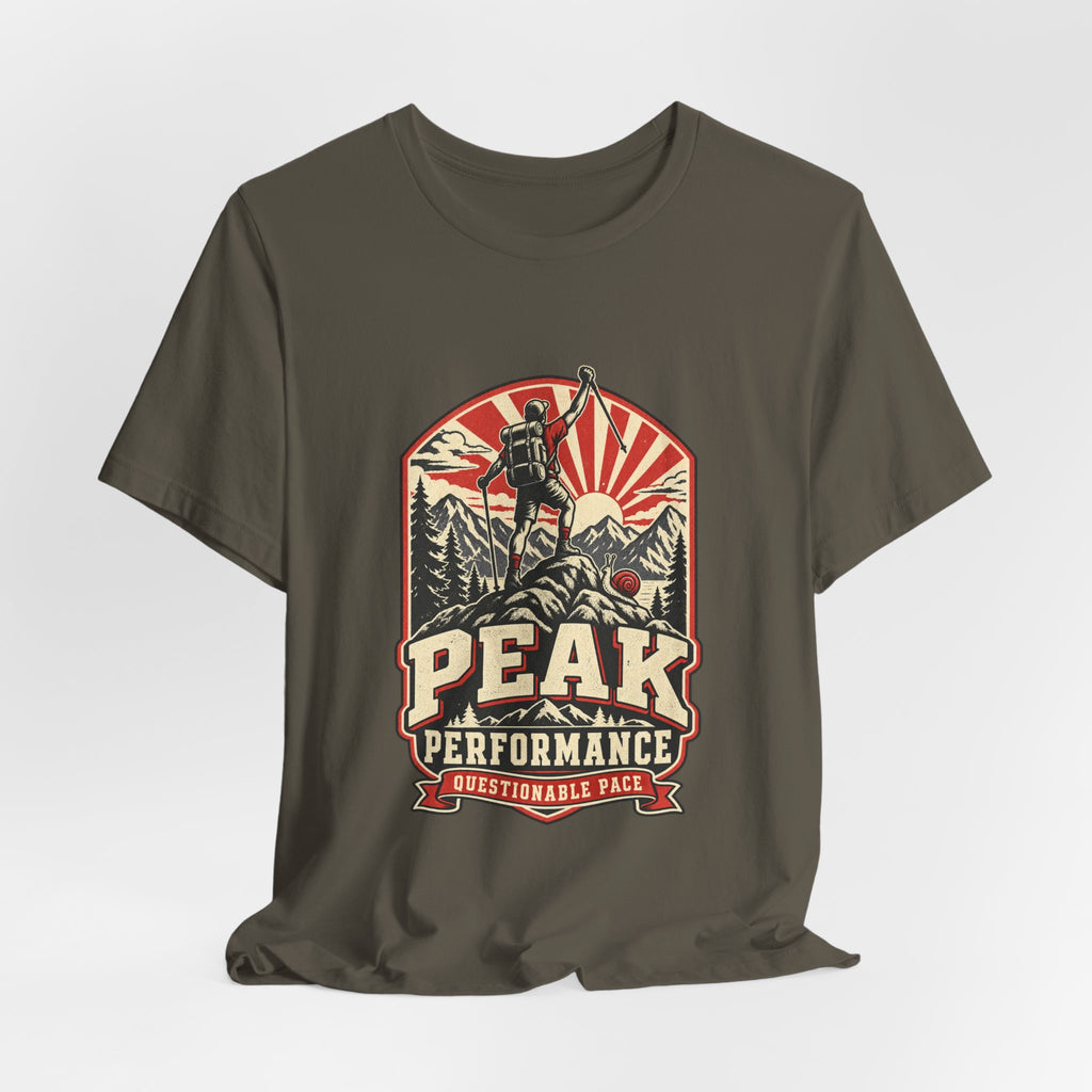 Peak Performance Questionable Pace T-Shirt — Funny Hiking Snail Vintage Mountain Tee